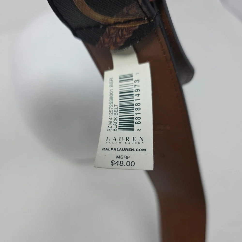 Lauren Ralph Lauren Belt M Equestrian Stirrup Print Manmade Gold Buckle Black
